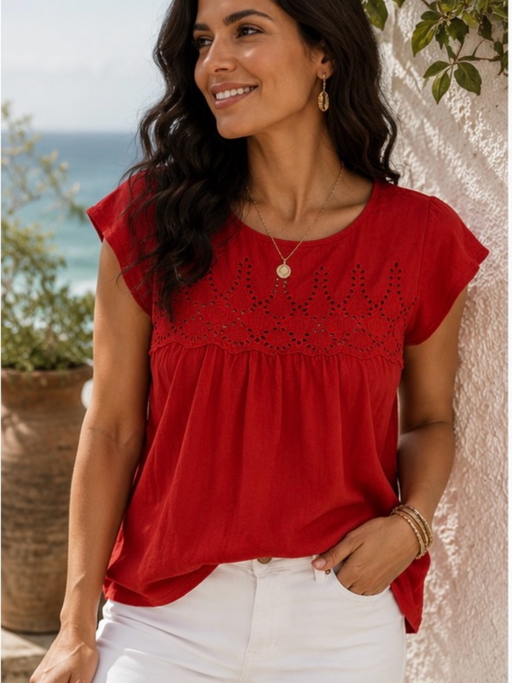 JACHS Girlfriend 100% Cotton Bright Red Eyelet Babydoll Cap Sleeve Top Size M